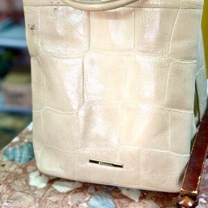 Brahmin Cream Croc-Embossed Tote with Gold Accent